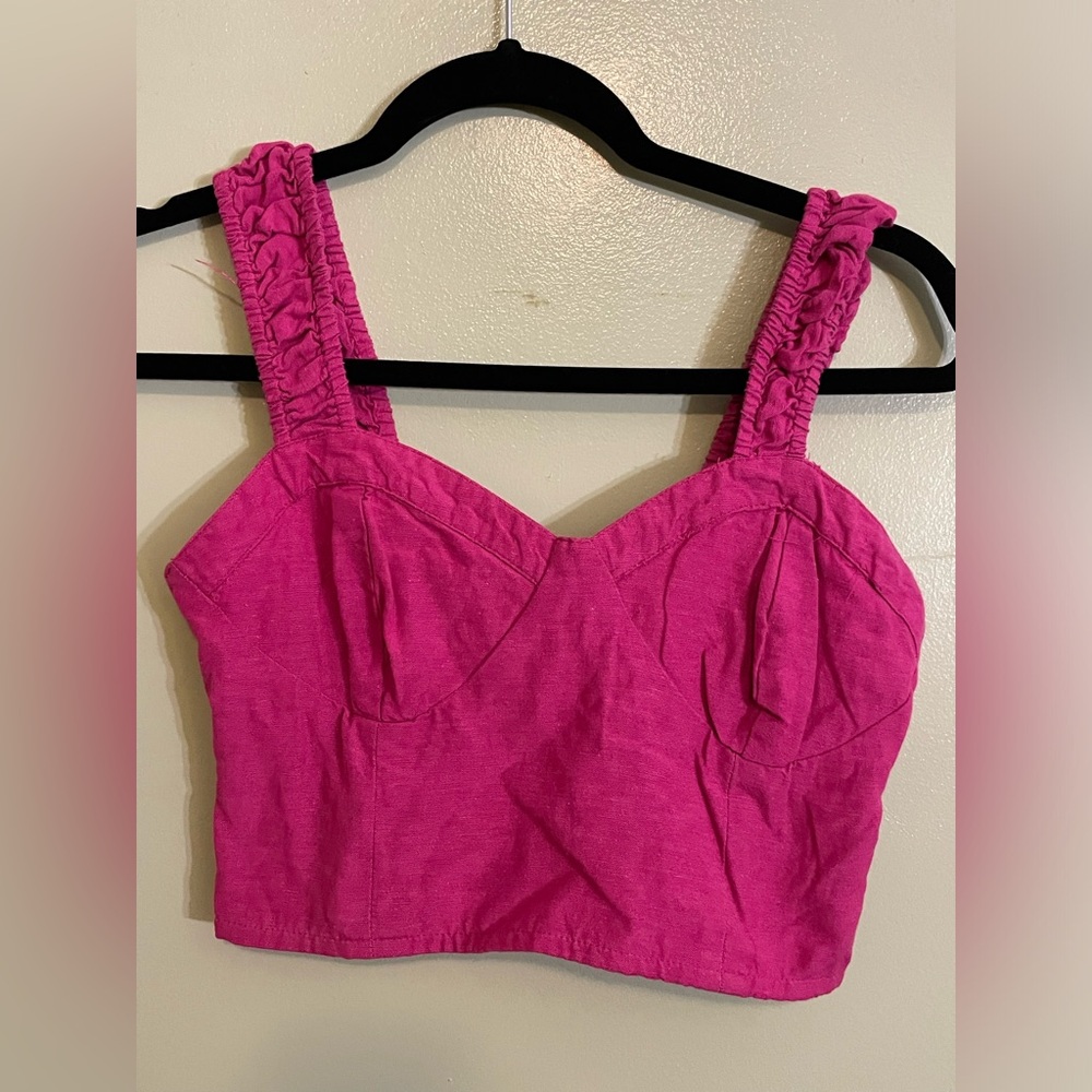 [midnight sky] hot pink linen blend women’s ruffle sleeve smocked crop top